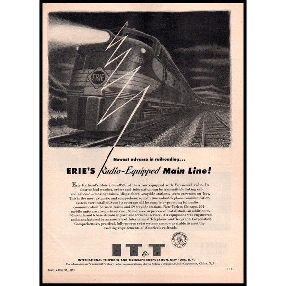 1951 IT&T Erie Railroad Radio Equipped Main Line Vintage Print Ad Locomotive Art - Picture 1 of 1
